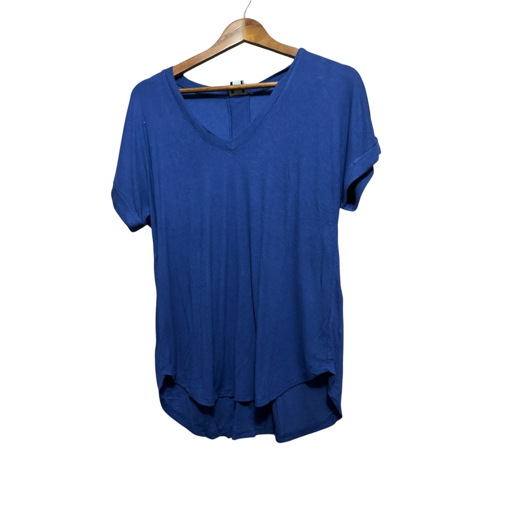 H by Bordeaux Top Women Medium Blue Excellent Ribbed V-Neck Tulip Back Hem